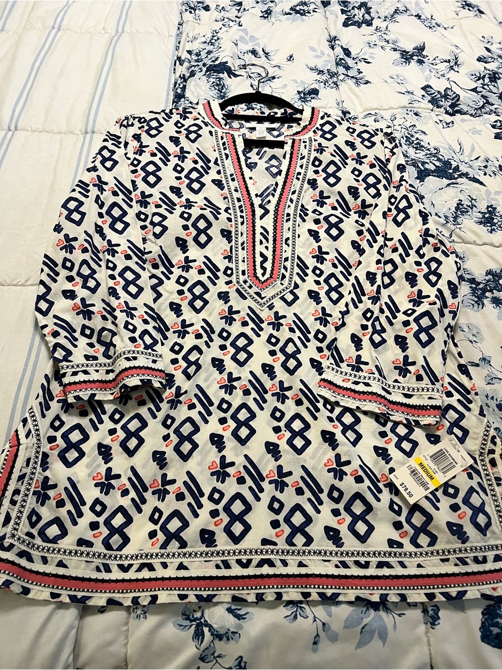 Charter Club White Tunic with Navy Geometric and Coral Accents
